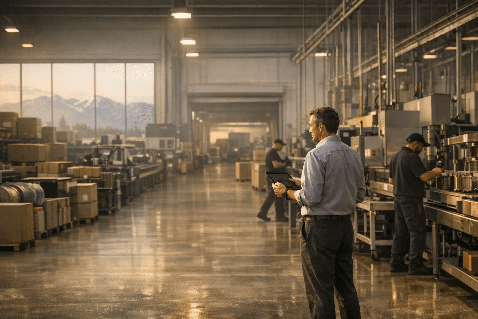 Operations consultant reviewing production flow inside a manufacturing facility